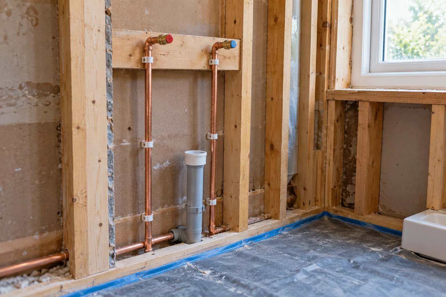 Illustrative copper supply pipes and a waste connection within an opened bathroom wall