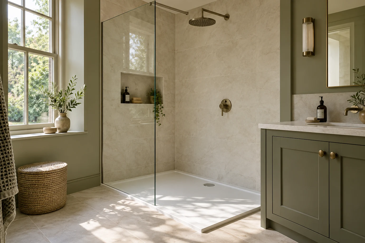 Illustrative glass-screened shower room with ivory porcelain and muted olive joinery