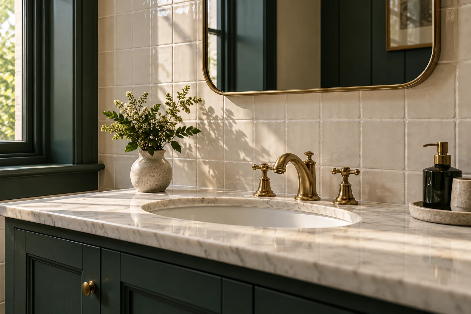 Illustrative finished tile and fitting details in cream ceramic tiles and dark green painted timber