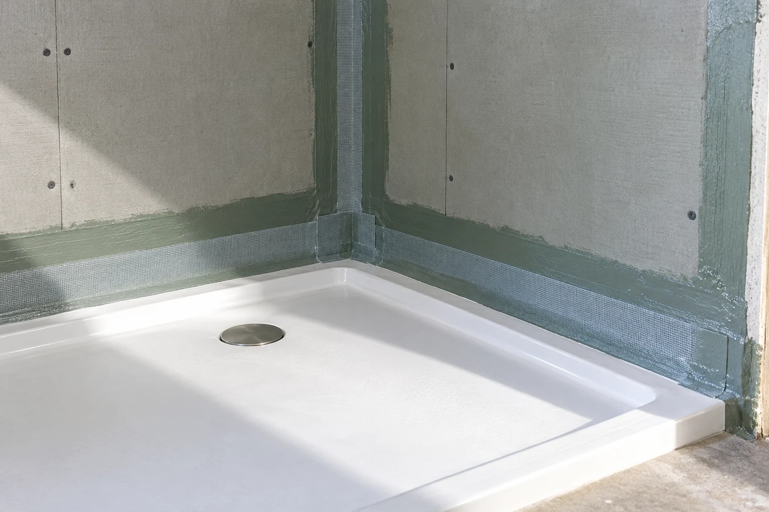 Illustrative waterproof coating and sealed shower tray junction before tiling