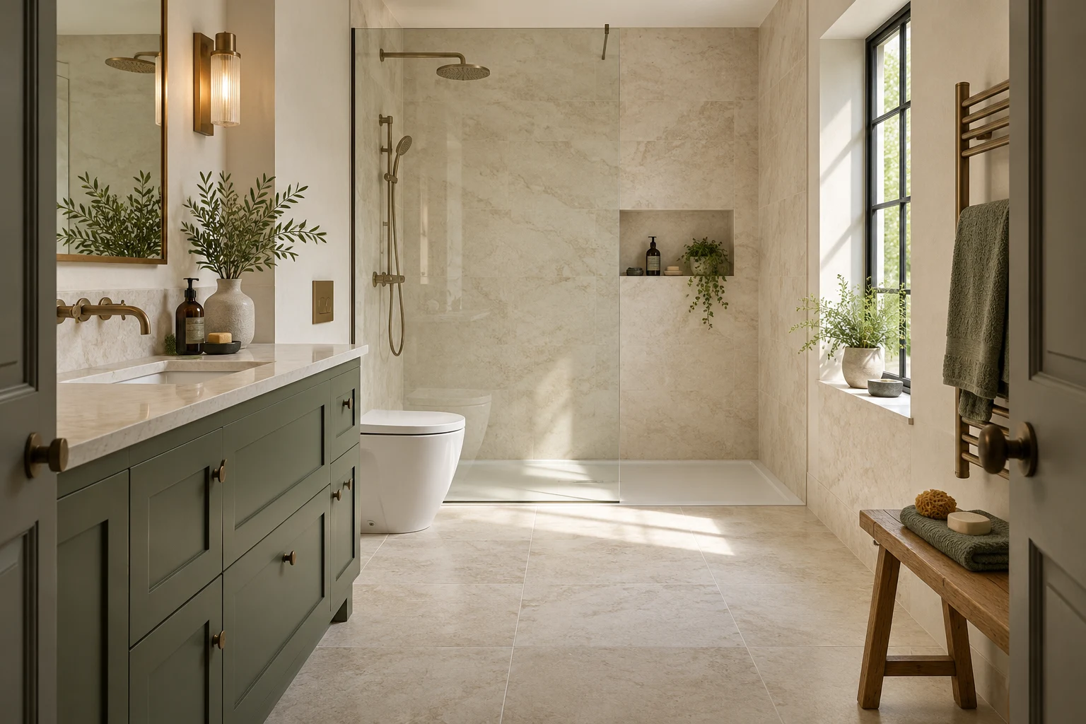 Illustrative bathroom interior with cream porcelain and muted olive cabinetry