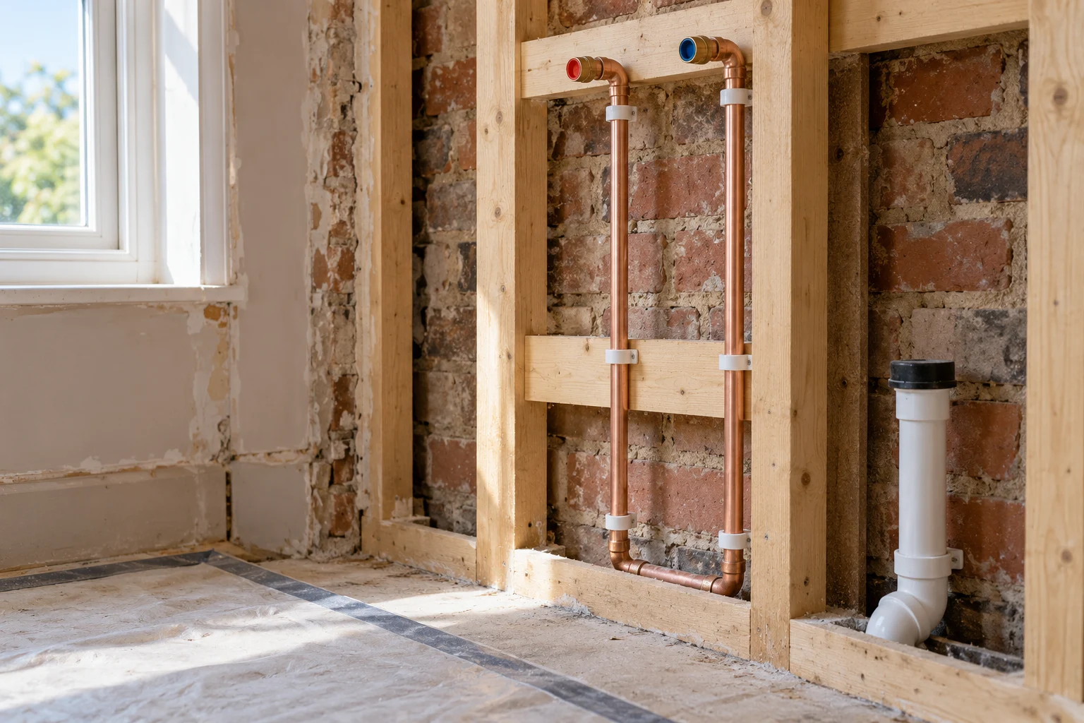 Illustrative copper supply pipes and a waste connection within an opened bathroom wall