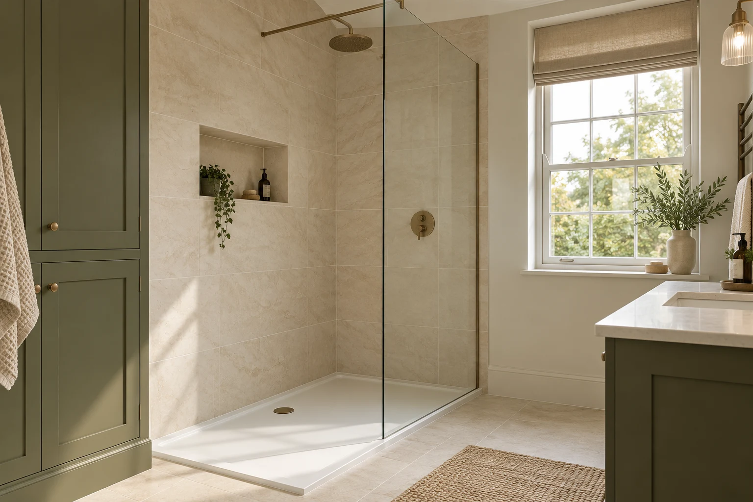 Illustrative glass-screened shower room with cream porcelain and muted olive cabinetry