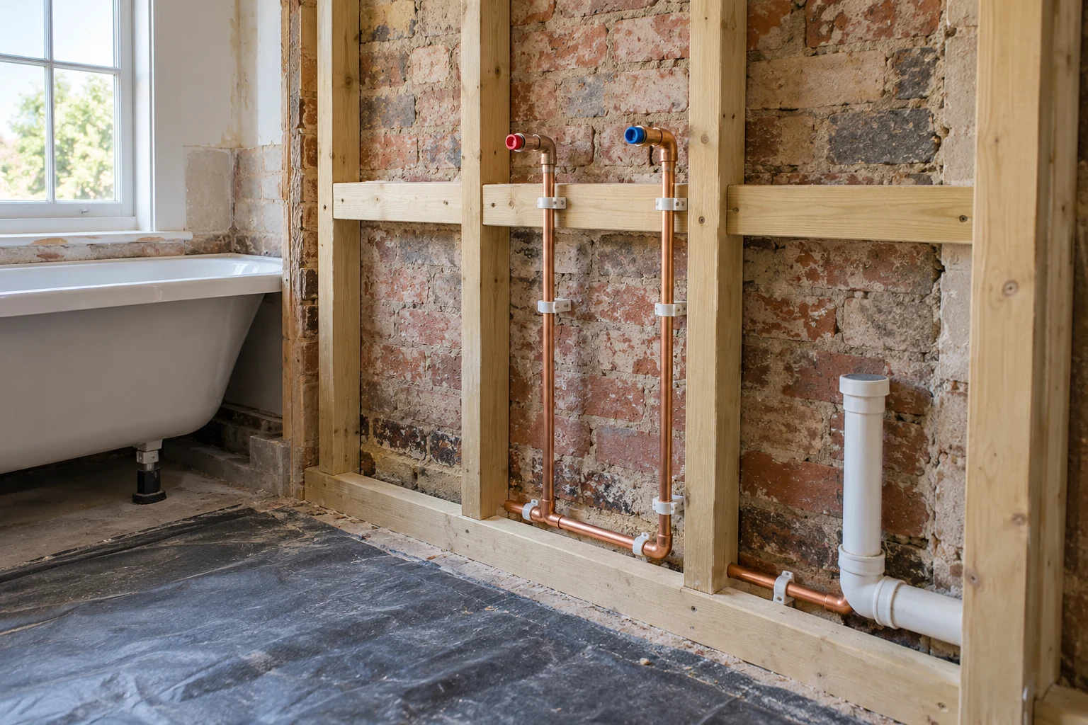Illustrative copper supply pipes and a waste connection within an opened bathroom wall