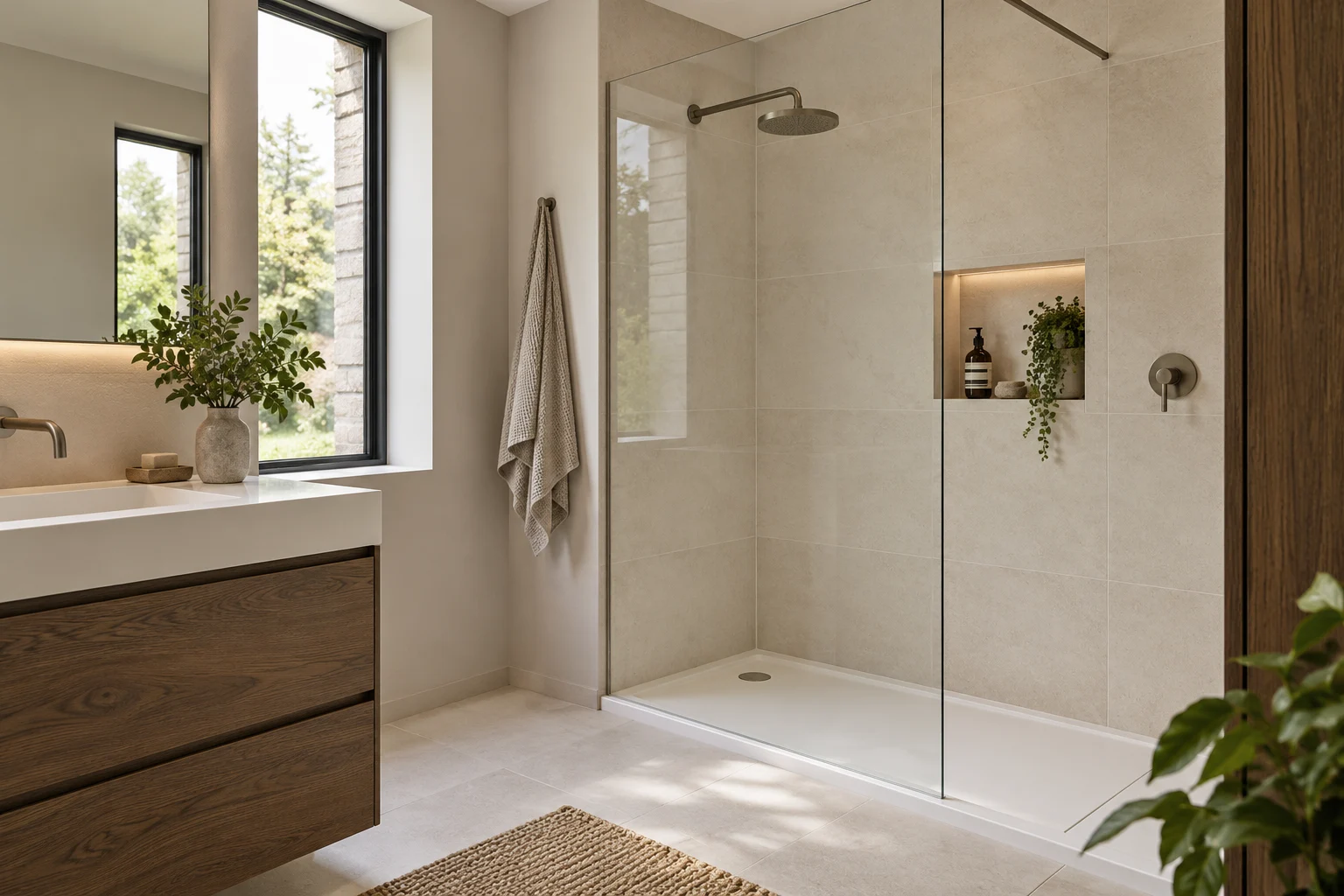 Illustrative glass-screened shower room with matte ivory tiles and smoked oak