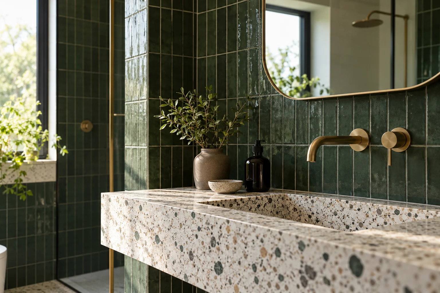 Illustrative finished tile and fitting details in dark forest green tiles and light terrazzo