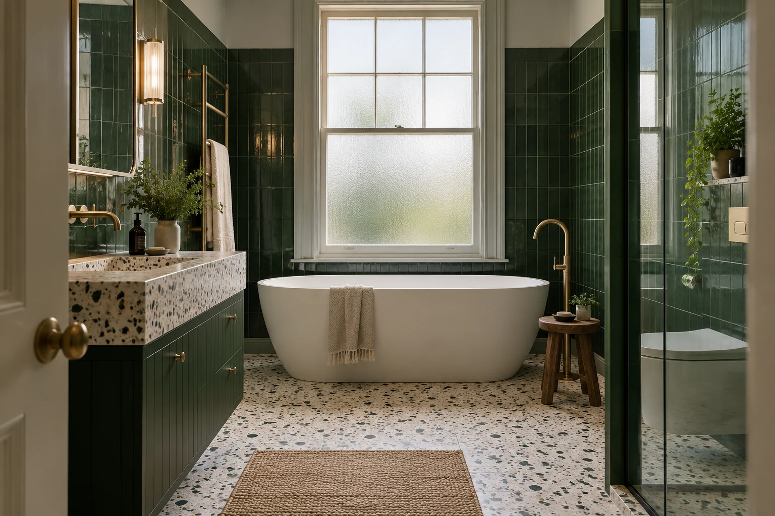 Illustrative bathroom interior with dark forest green tiles and light terrazzo