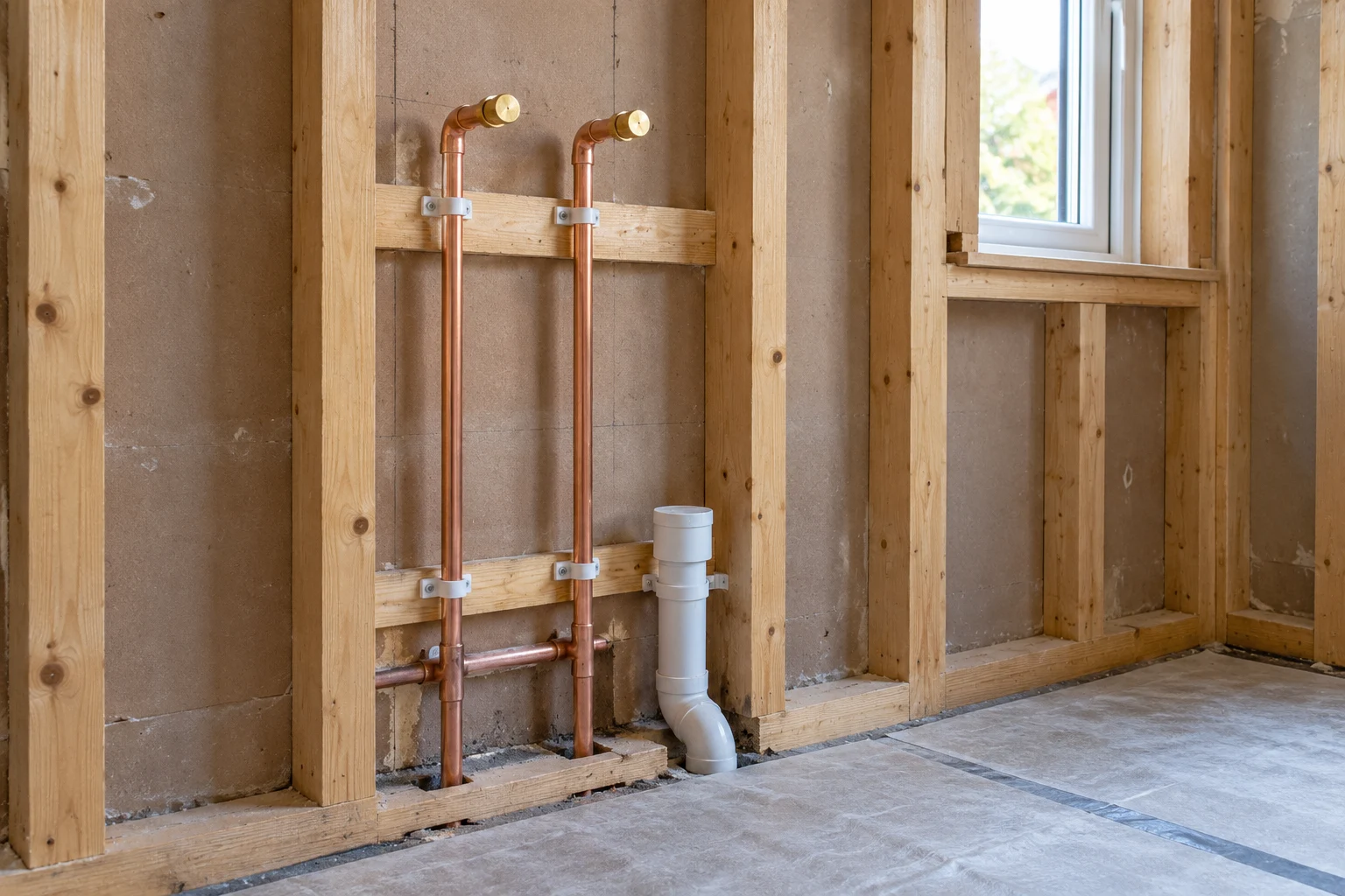 Illustrative copper supply pipes and a waste connection within an opened bathroom wall