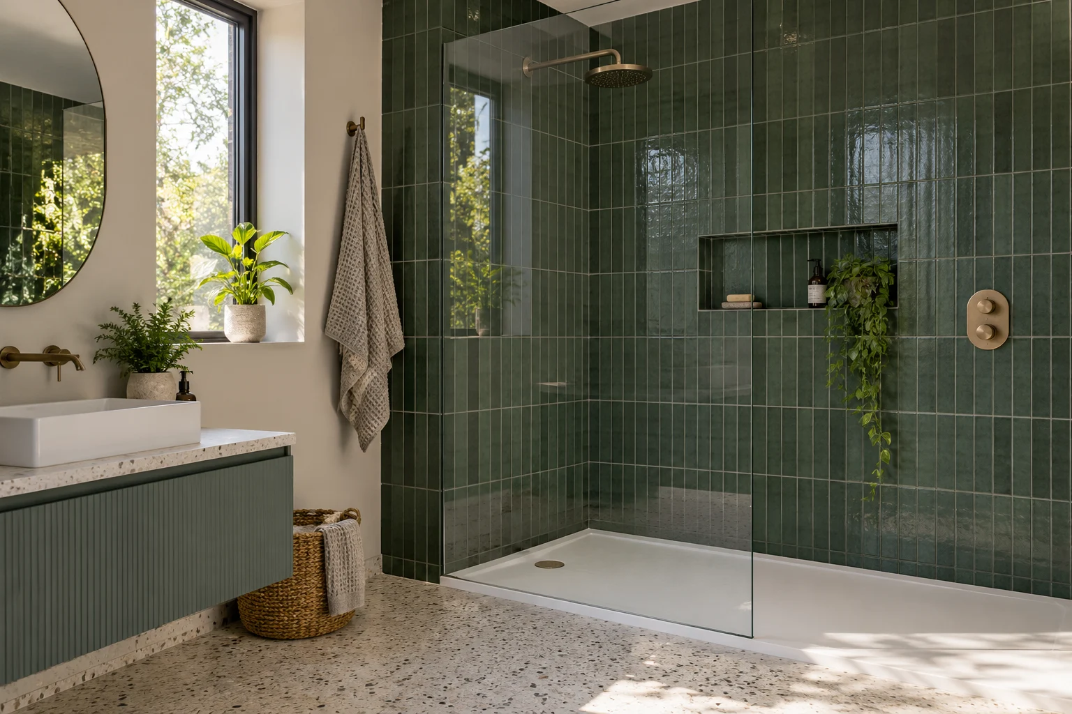 Illustrative glass-screened shower room with dark forest green tiles and light terrazzo