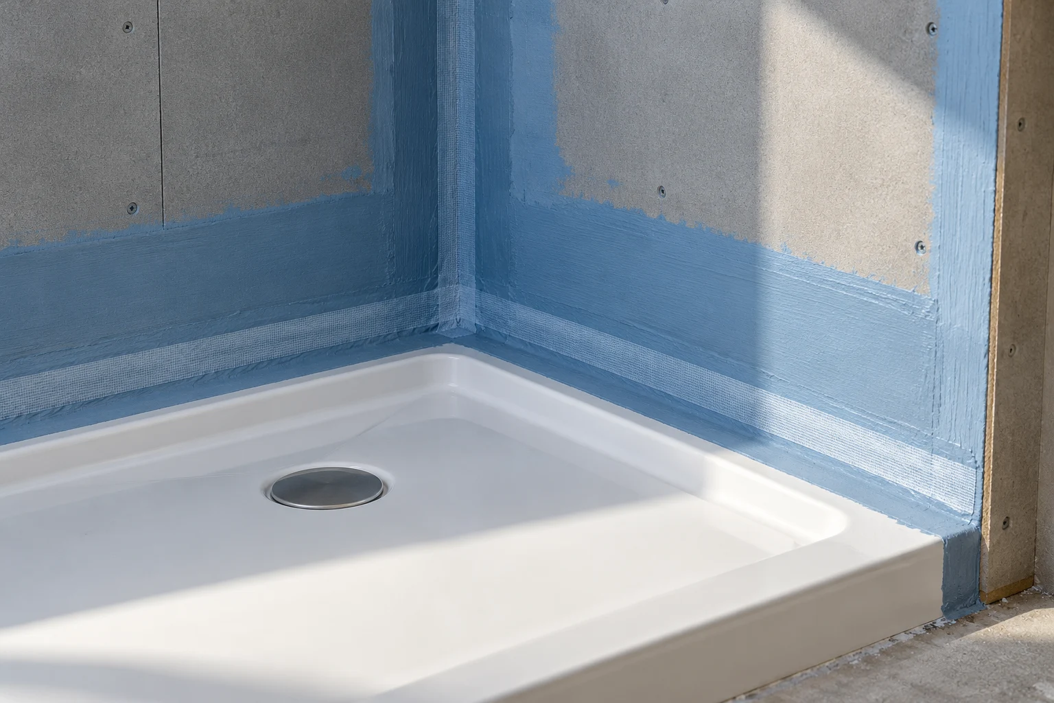 Illustrative waterproof coating and sealed shower tray junction before tiling