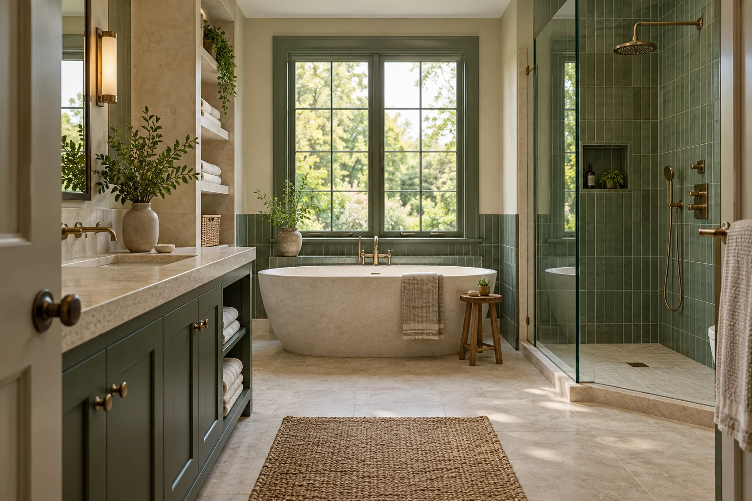 Illustrative bathroom interior with muted green ceramic and warm limestone
