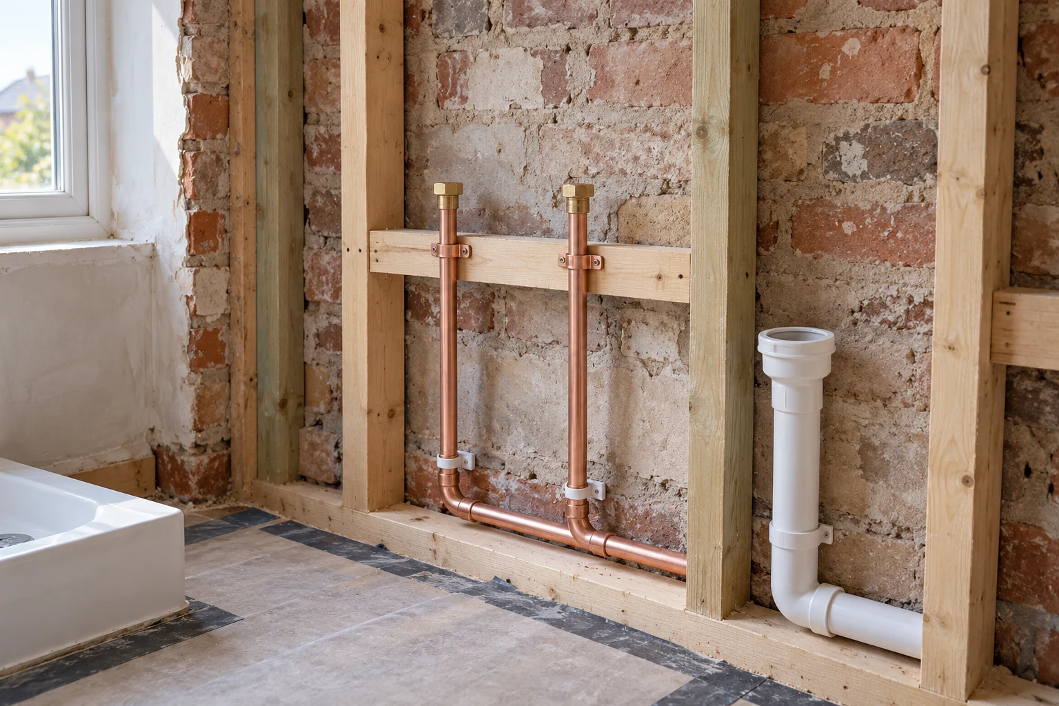 Illustrative copper supply pipes and a waste connection within an opened bathroom wall