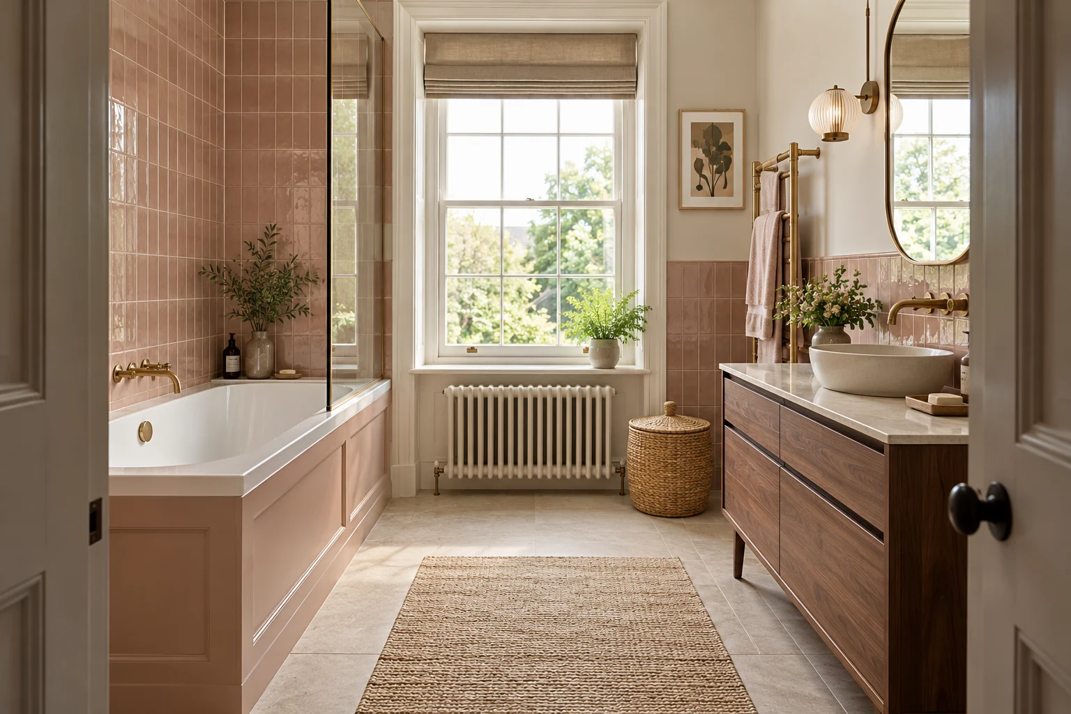 Illustrative bathroom interior with muted blush tiles and walnut
