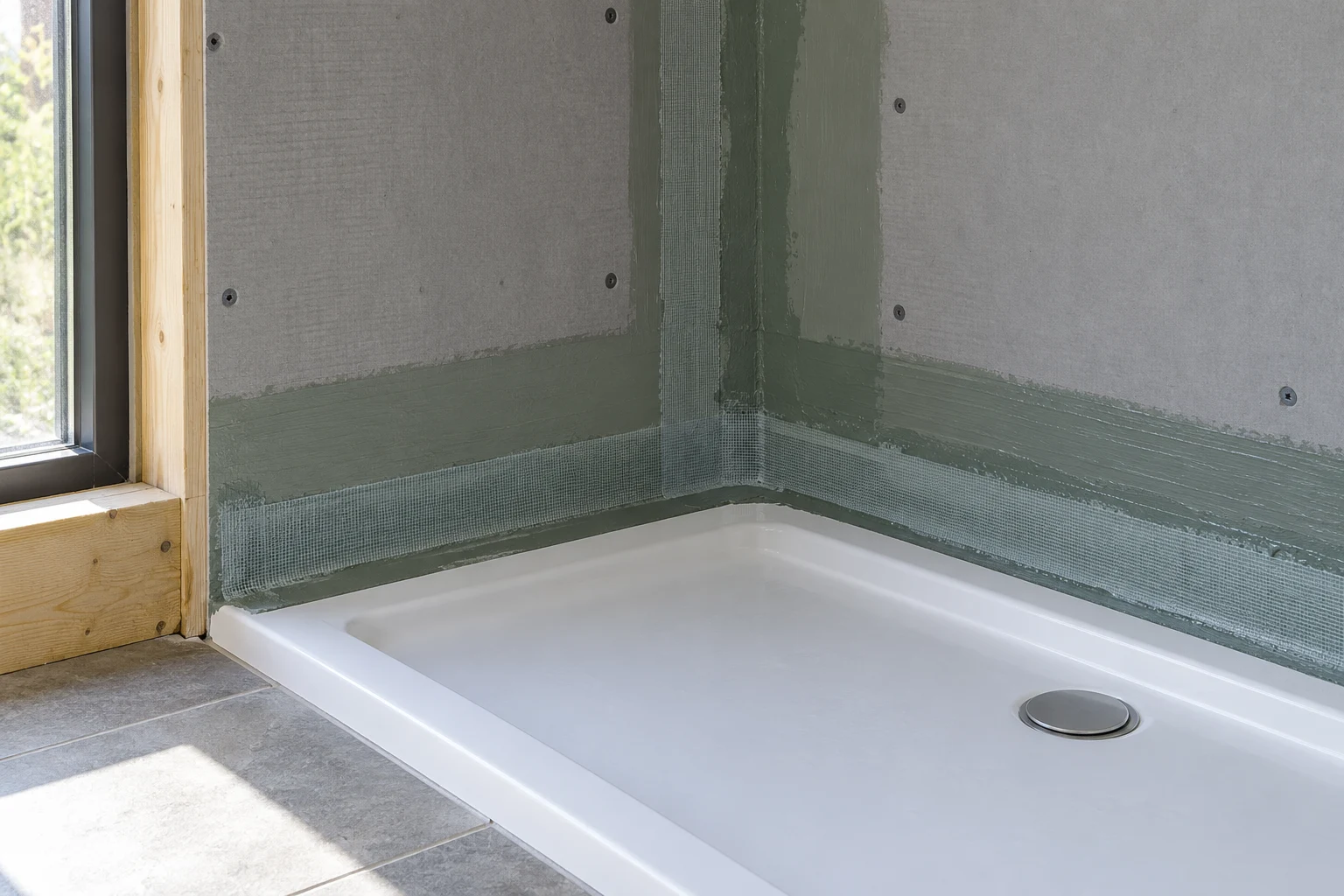 Illustrative waterproof coating and sealed shower tray junction before tiling