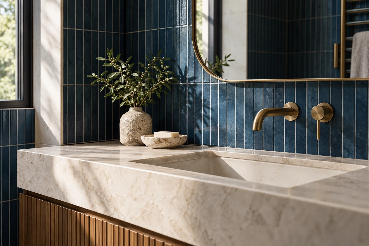 Illustrative finished tile and fitting details in deep blue narrow tiles and off-white stone