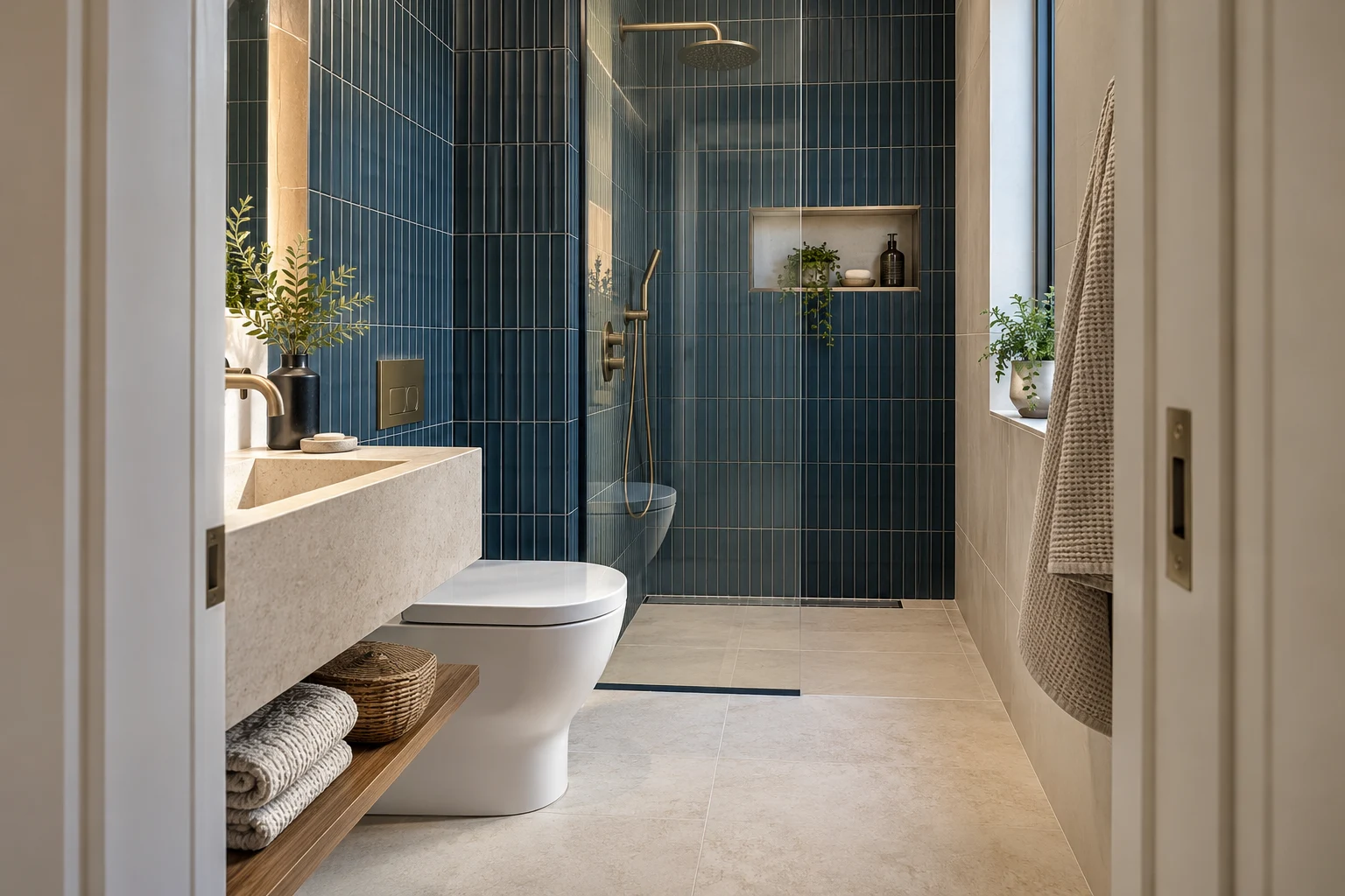 Illustrative bathroom interior with deep blue narrow tiles and off-white stone