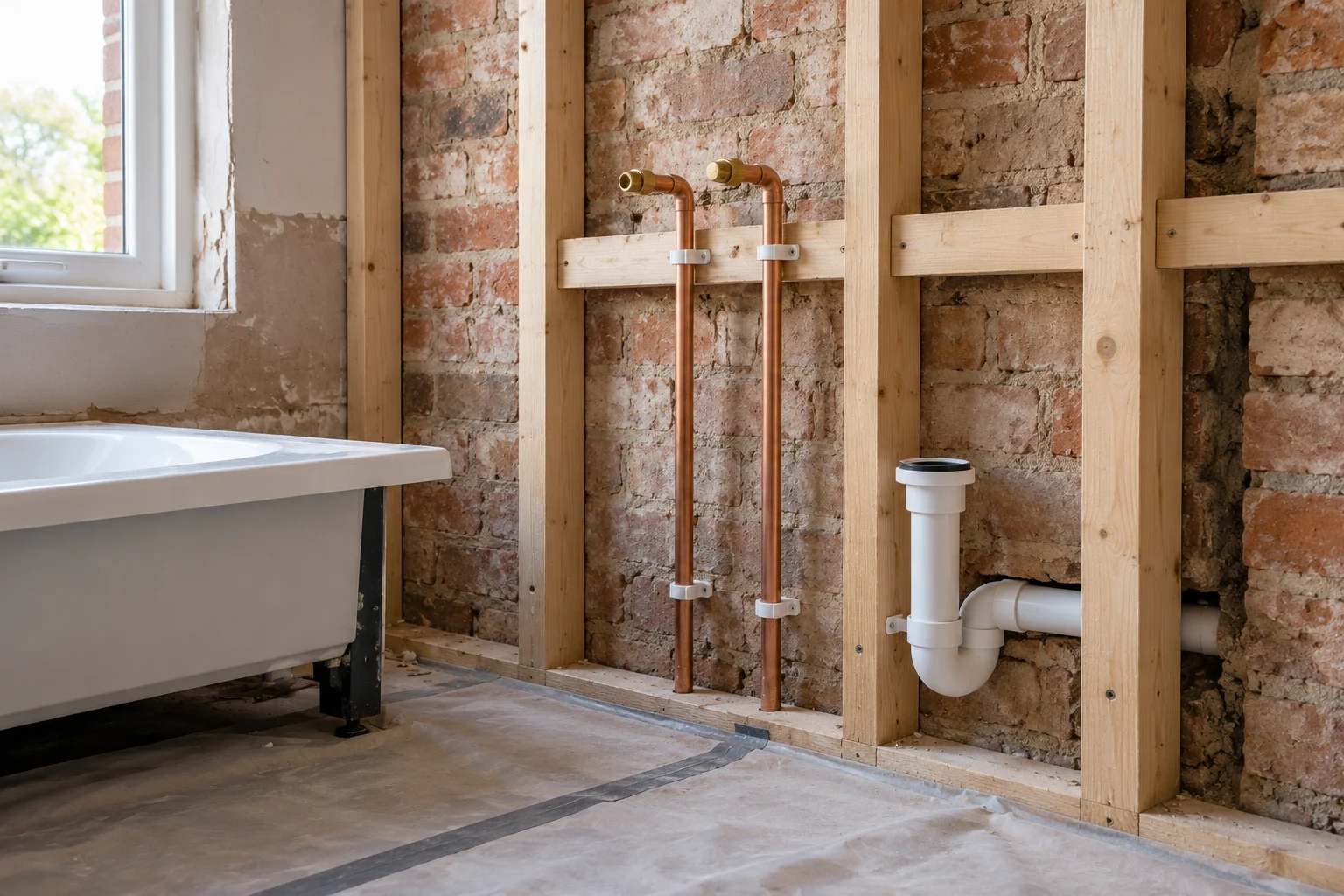 Illustrative copper supply pipes and a waste connection within an opened bathroom wall