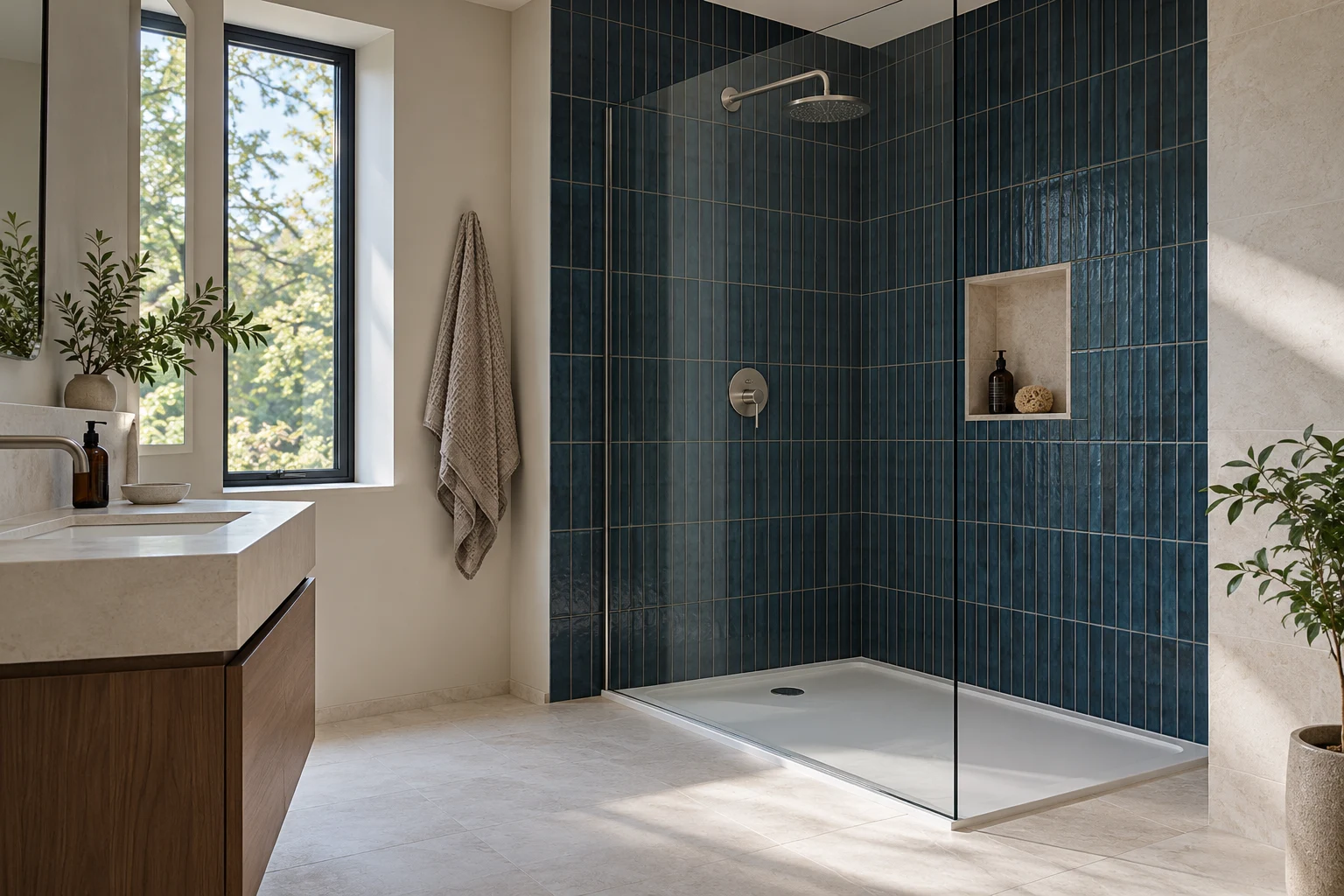 Illustrative glass-screened shower room with deep blue narrow tiles and off-white stone