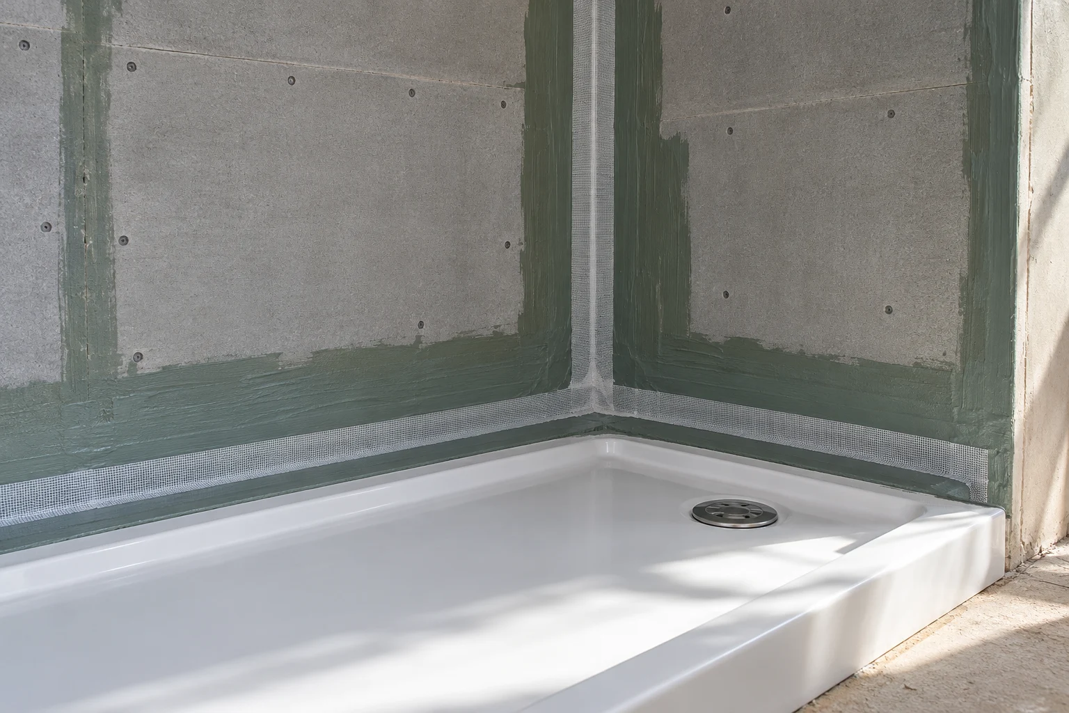 Illustrative waterproof coating and sealed shower tray junction before tiling