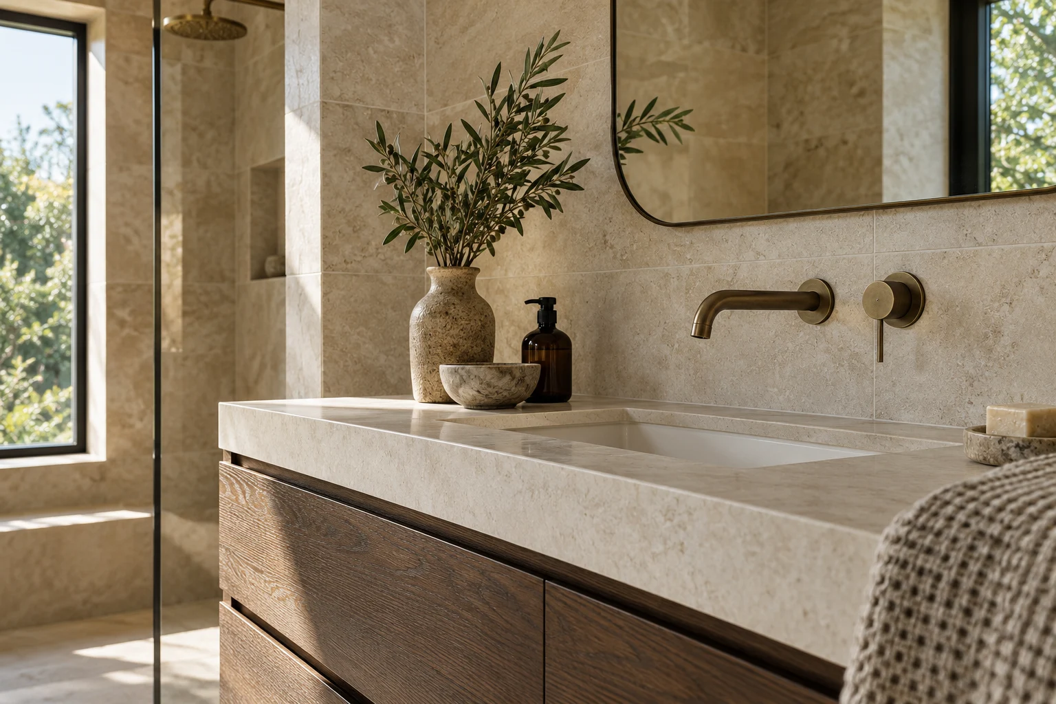 Illustrative finished tile and fitting details in soft sand porcelain and dark oak