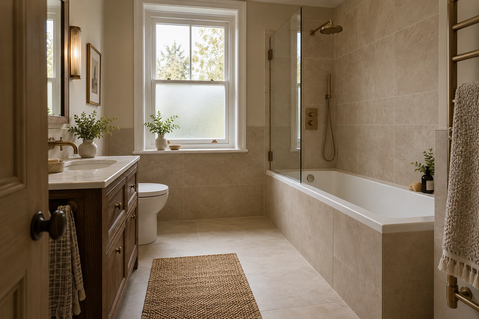 Illustrative fitted bath with an over-bath shower and clear hinged screen