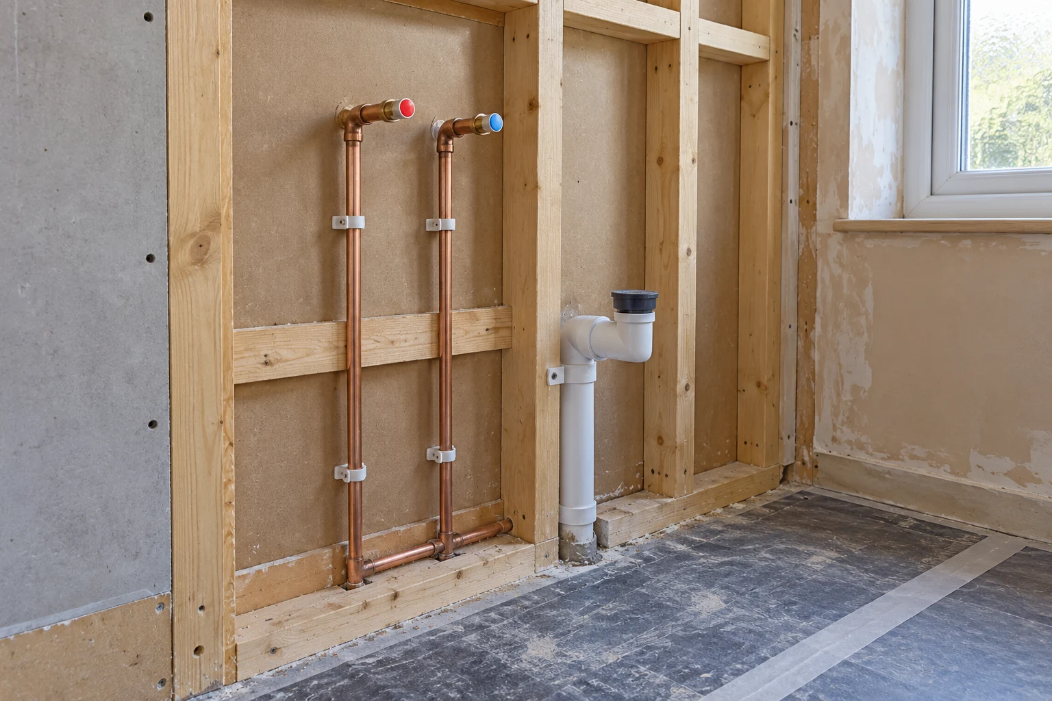 Illustrative copper supply pipes and a waste connection within an opened bathroom wall