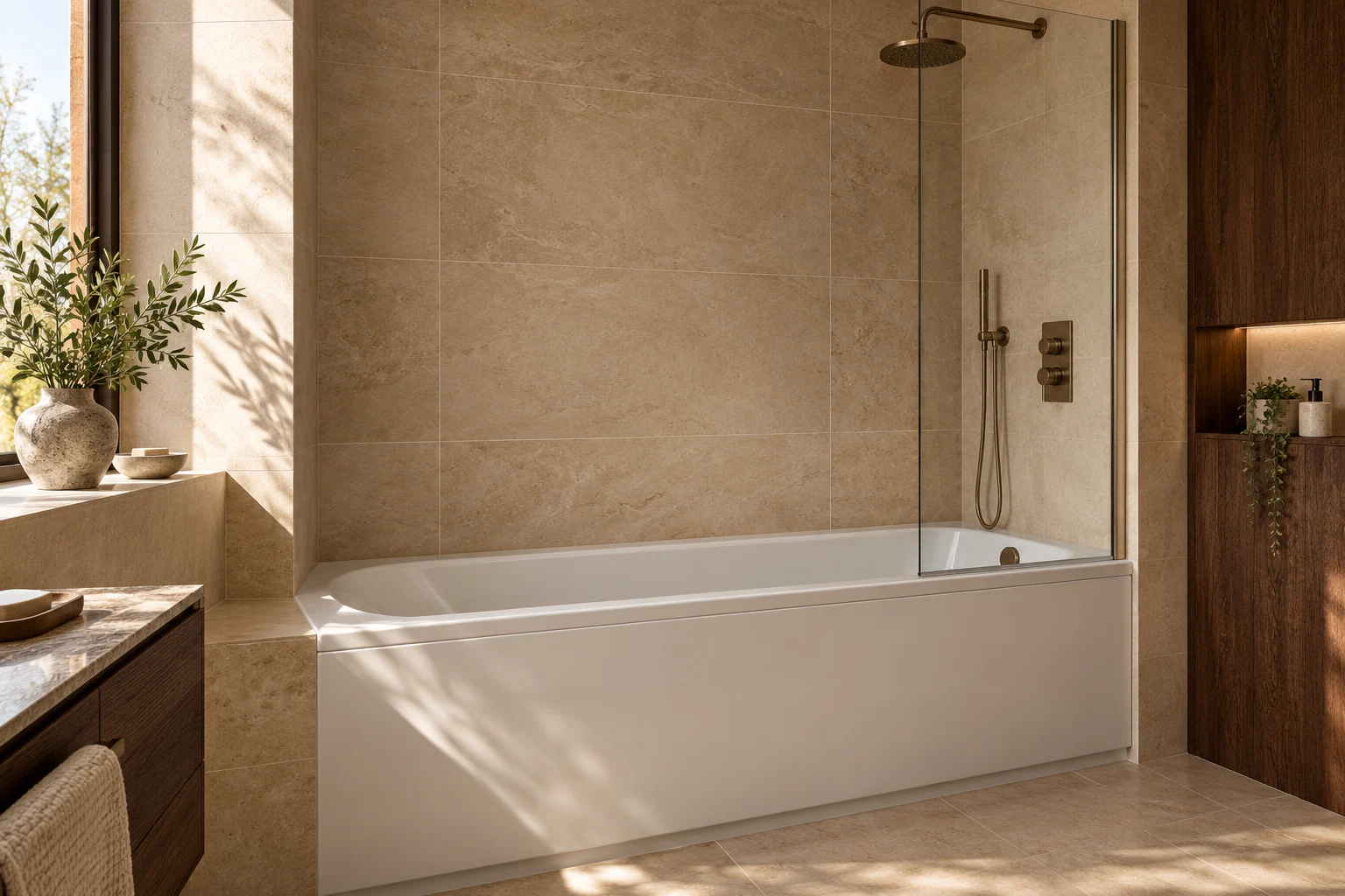 Illustrative bath rim, shower screen and accessible bath panel detail