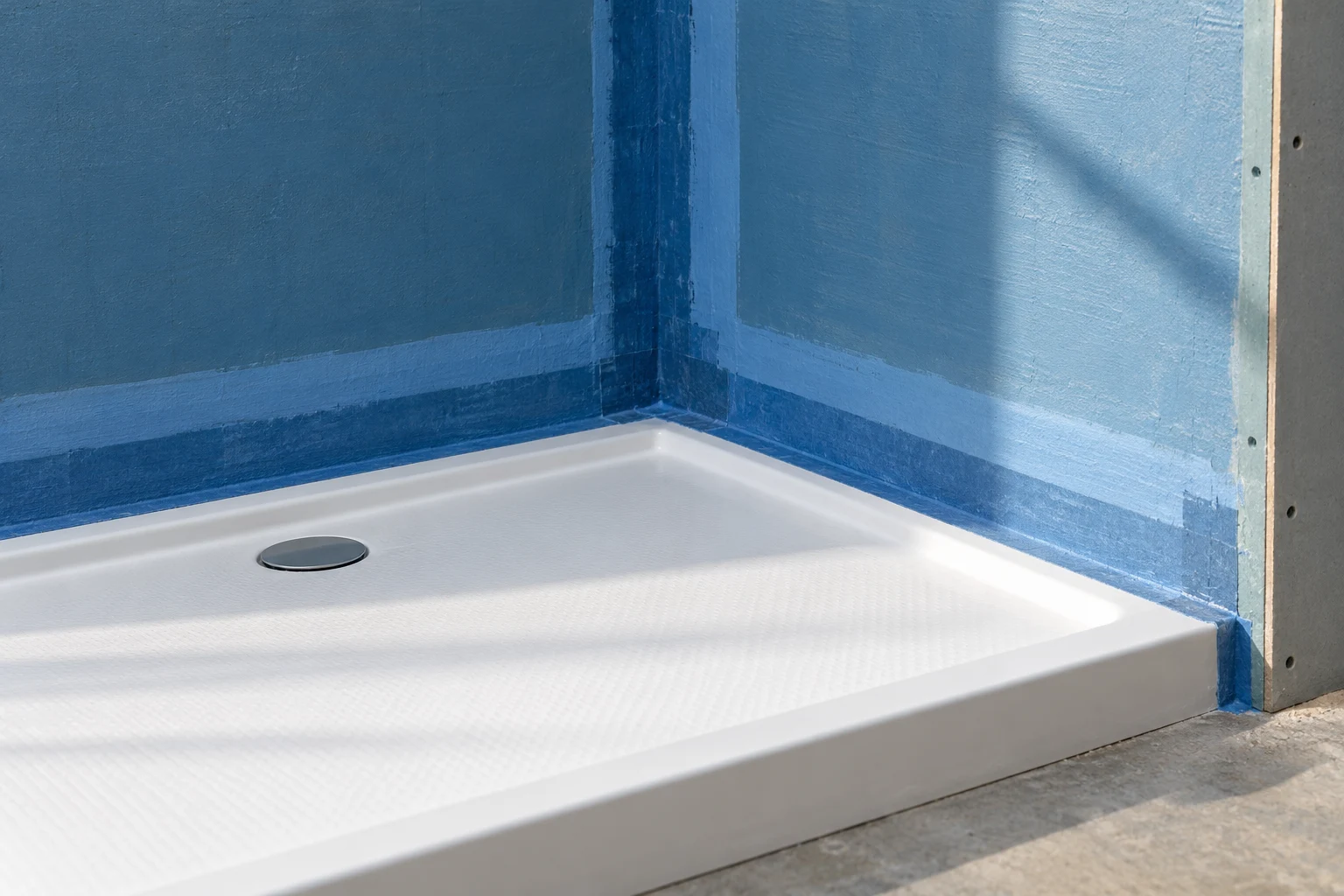 Illustrative waterproof coating and sealed shower tray junction before tiling