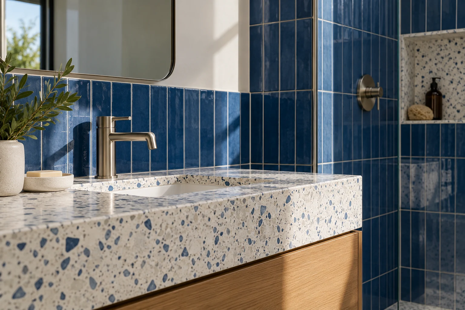 Illustrative finished tile and fitting details in white terrazzo and cobalt blue tiles