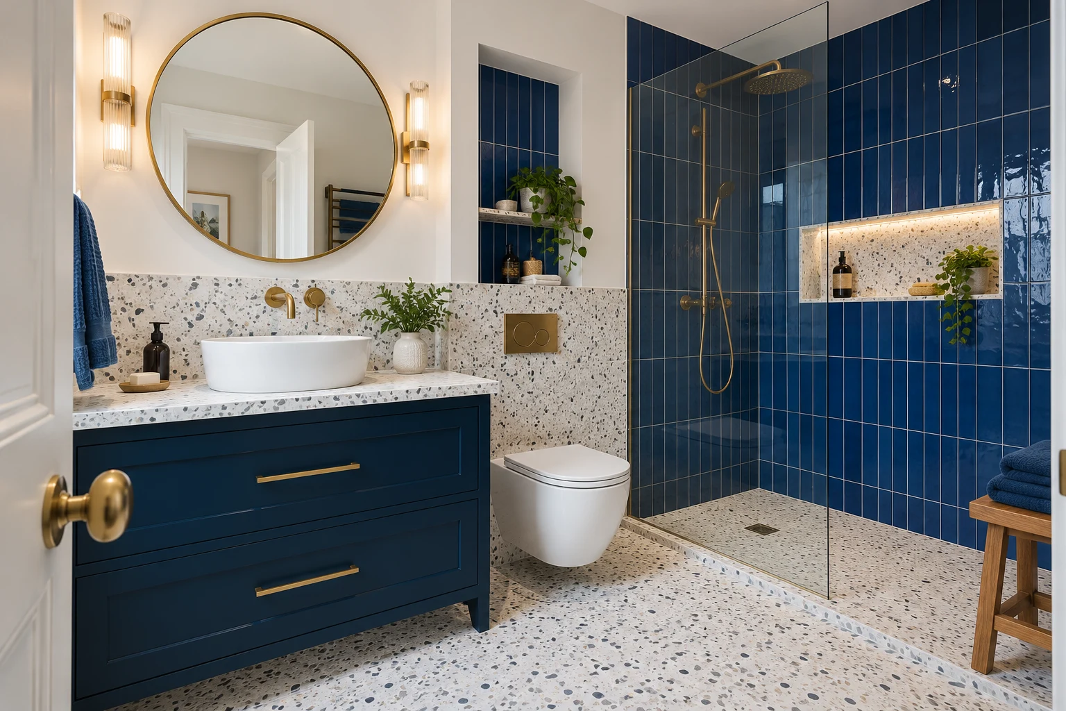 Illustrative bathroom interior with white terrazzo and cobalt blue tiles