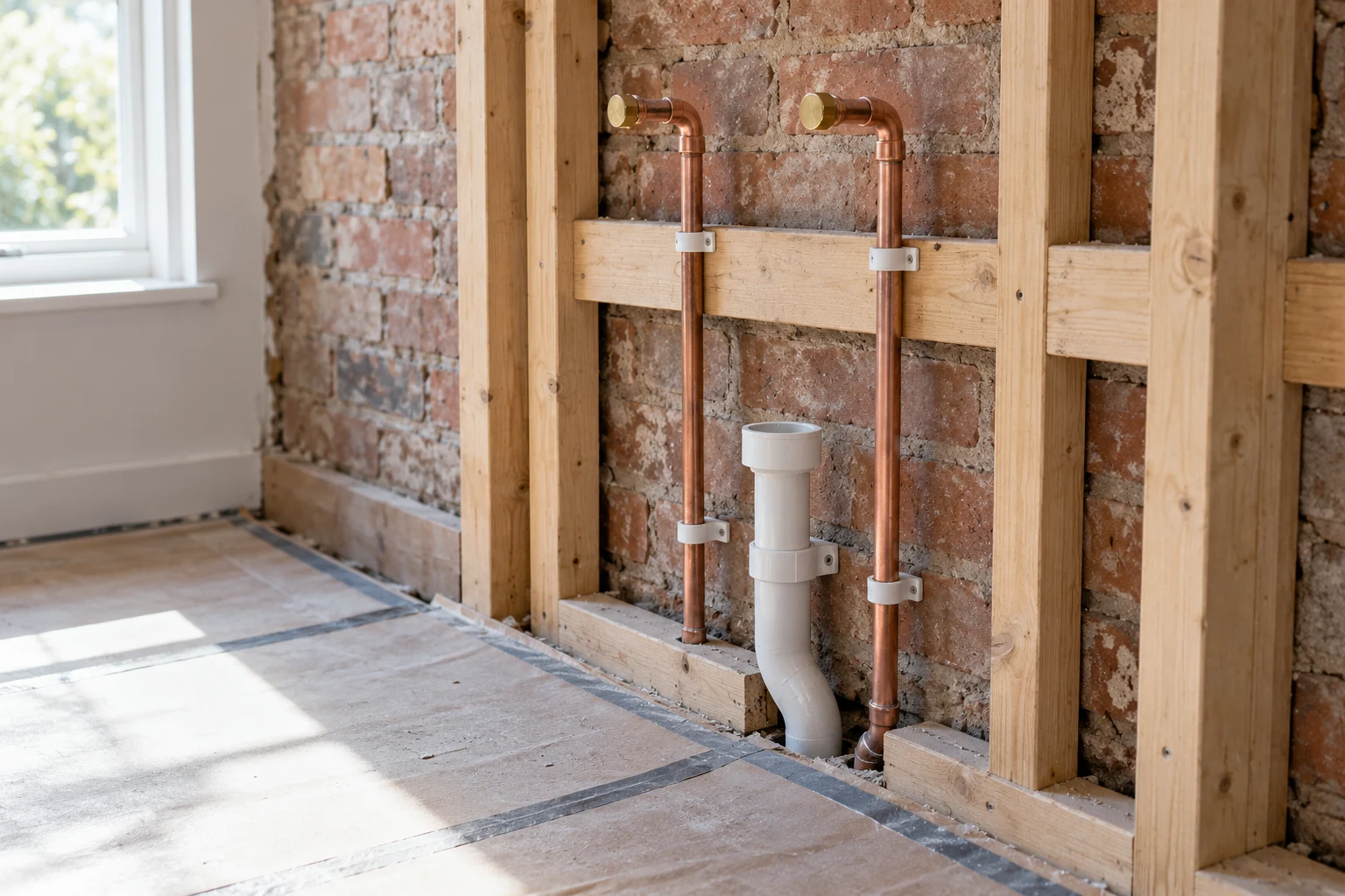 Illustrative copper supply pipes and a waste connection within an opened bathroom wall