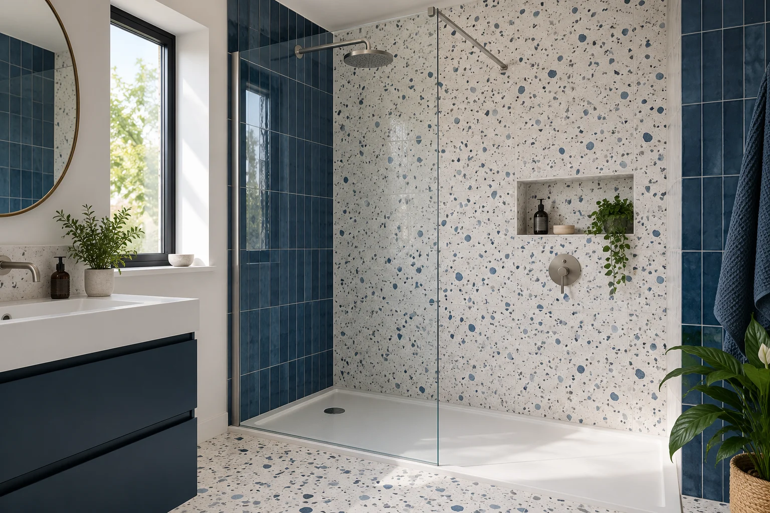 Illustrative glass-screened shower room with white terrazzo and cobalt blue tiles