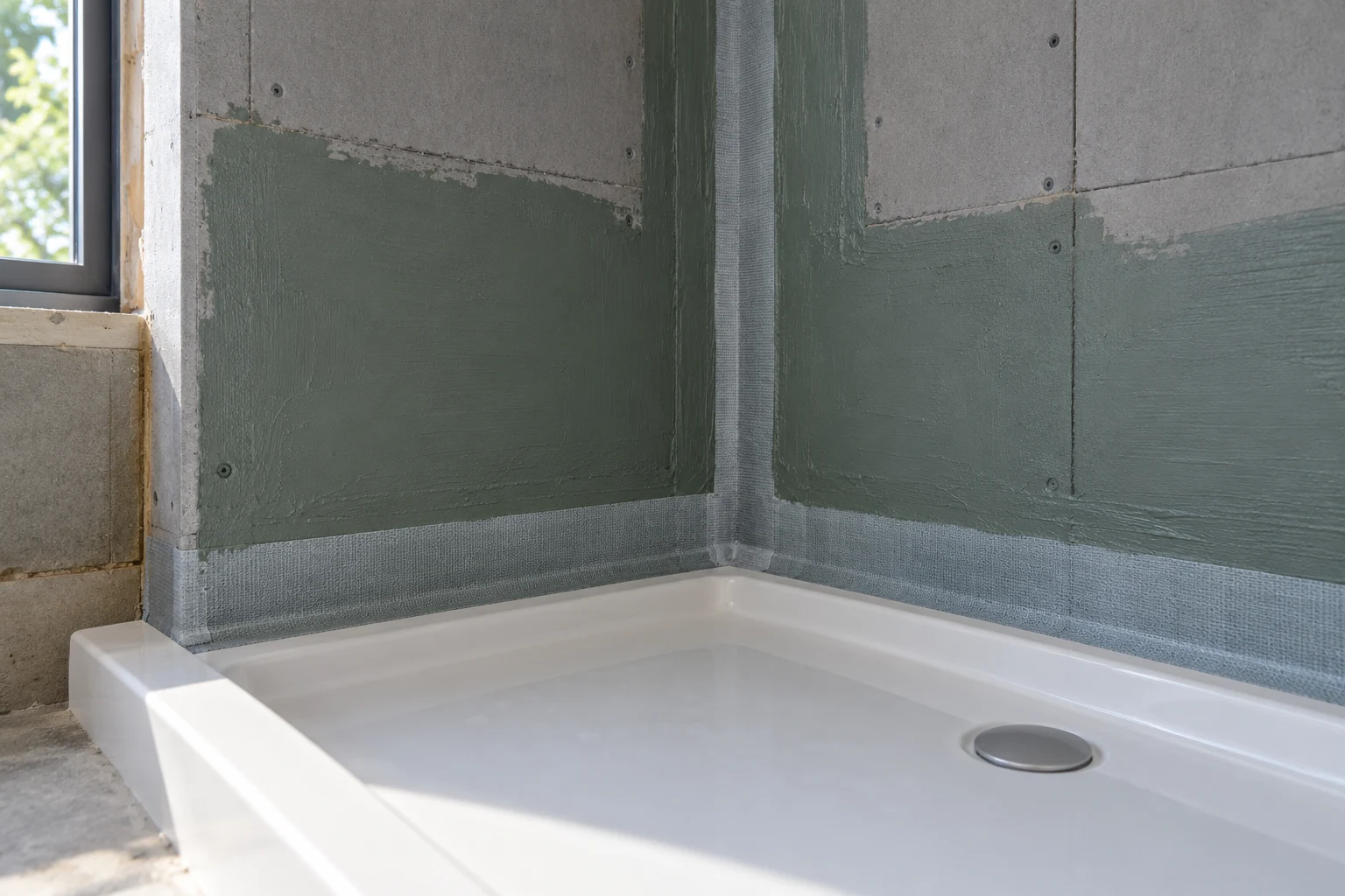 Illustrative waterproof coating and sealed shower tray junction before tiling