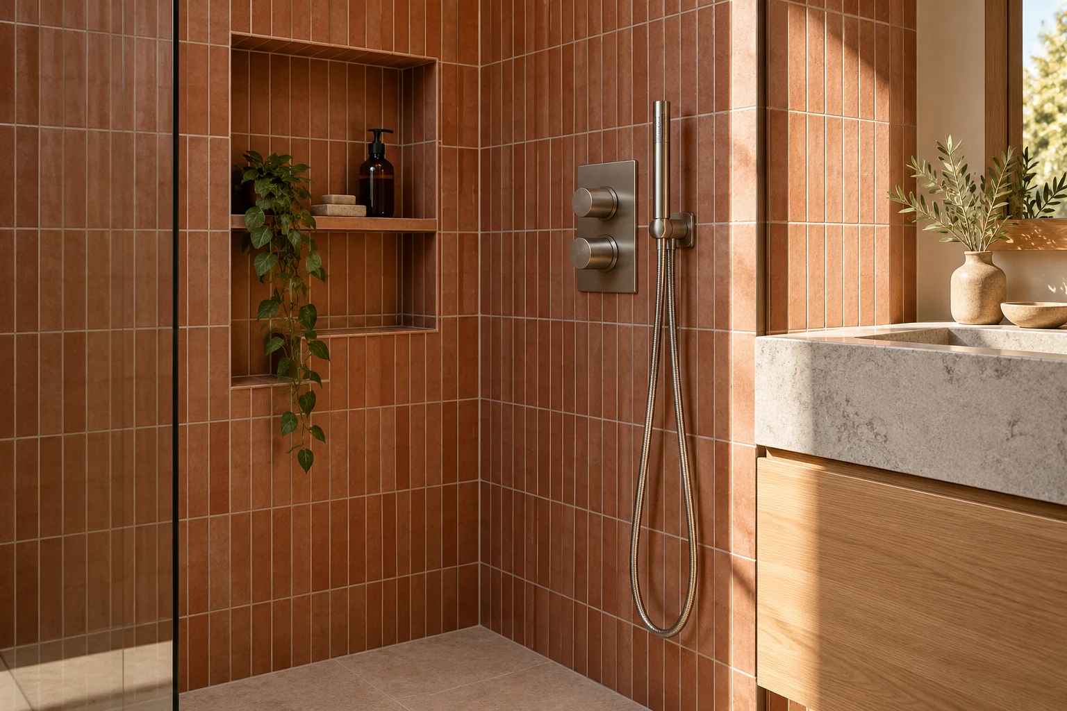 Illustrative finished tile and fitting details in terracotta small-format tiles and pale oak