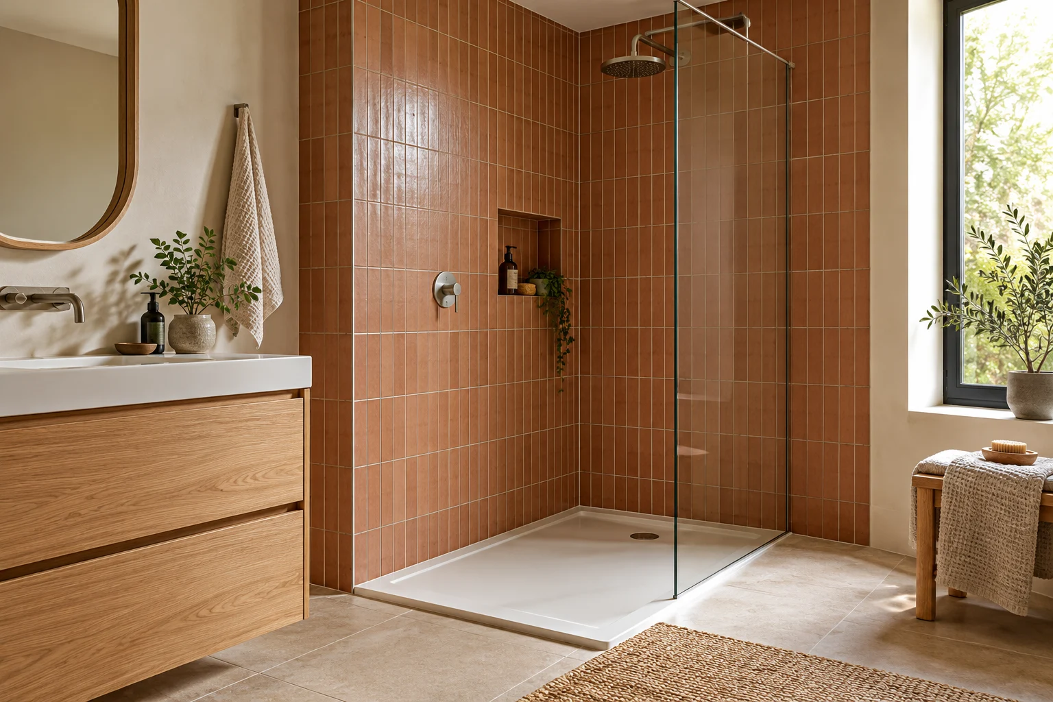 Illustrative glass-screened shower room with terracotta small-format tiles and pale oak