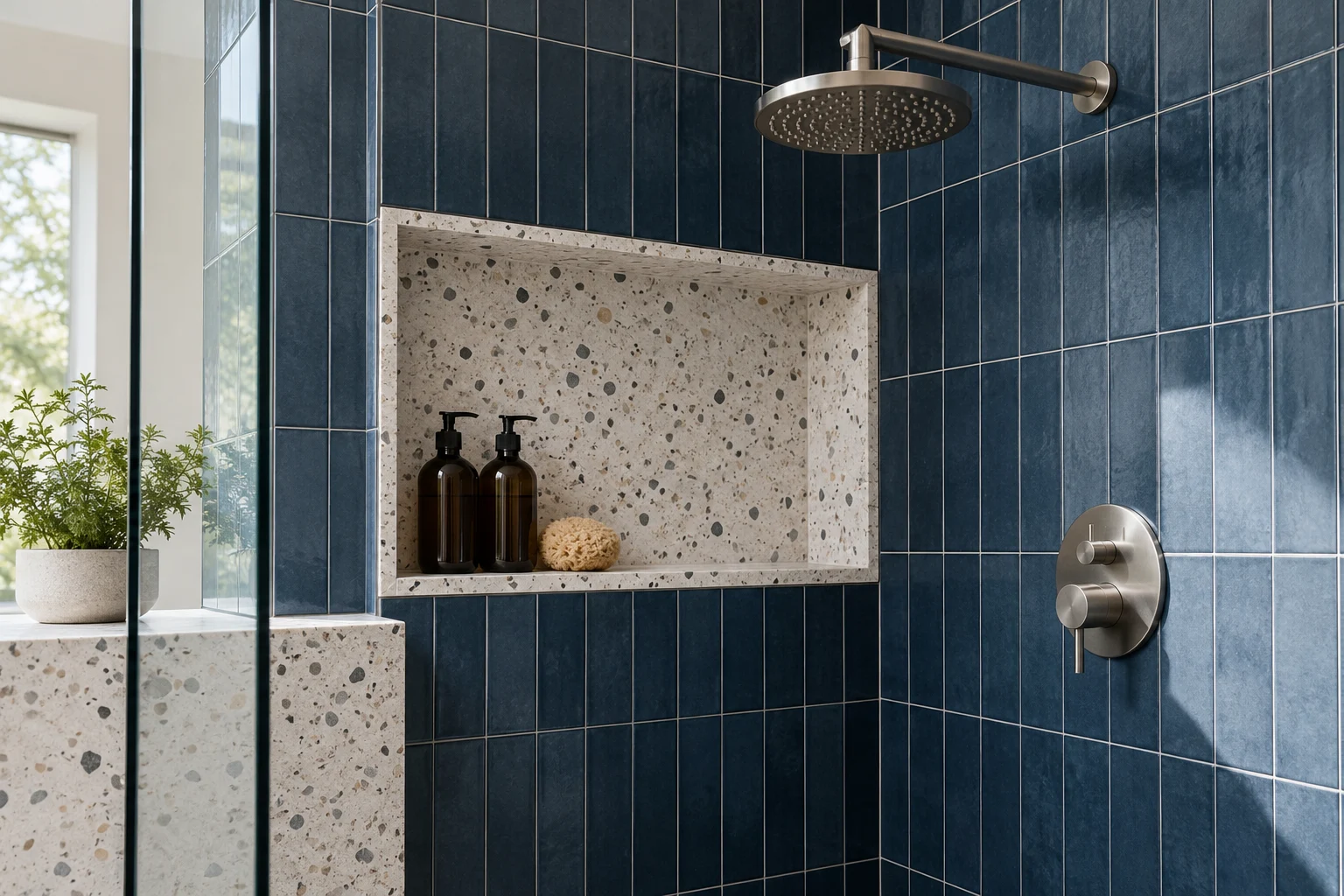 Illustrative finished tile and fitting details in dark blue tiles and white terrazzo