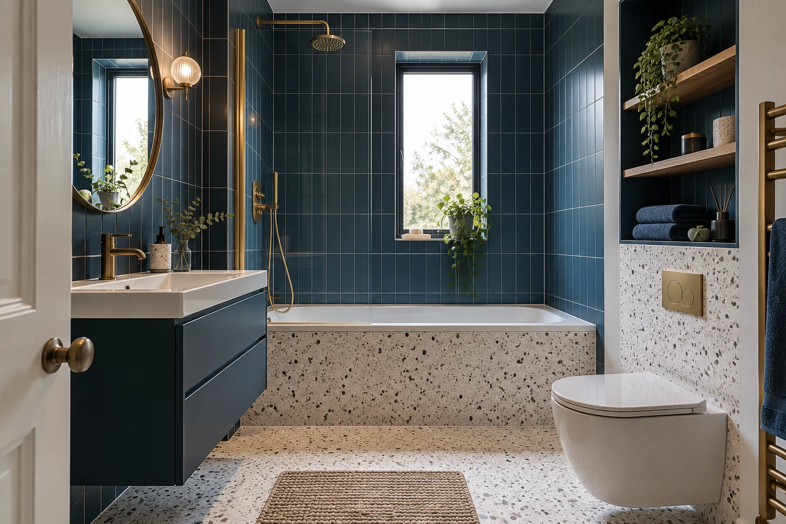 Illustrative bathroom interior with dark blue tiles and white terrazzo