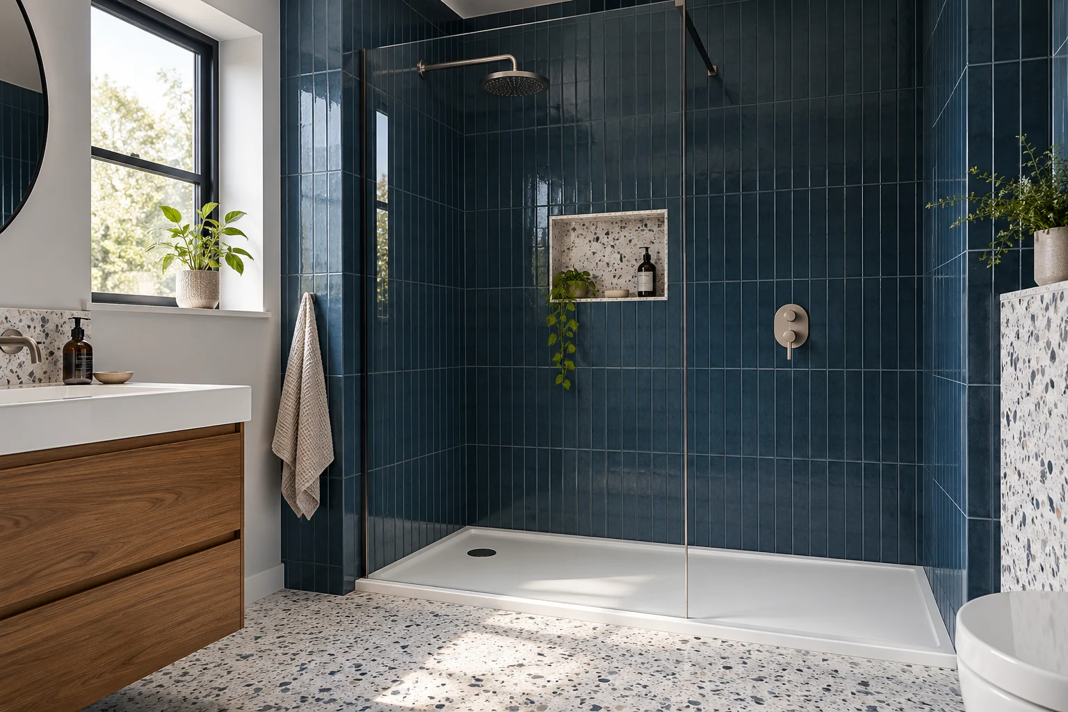 Illustrative glass-screened shower room with dark blue tiles and white terrazzo