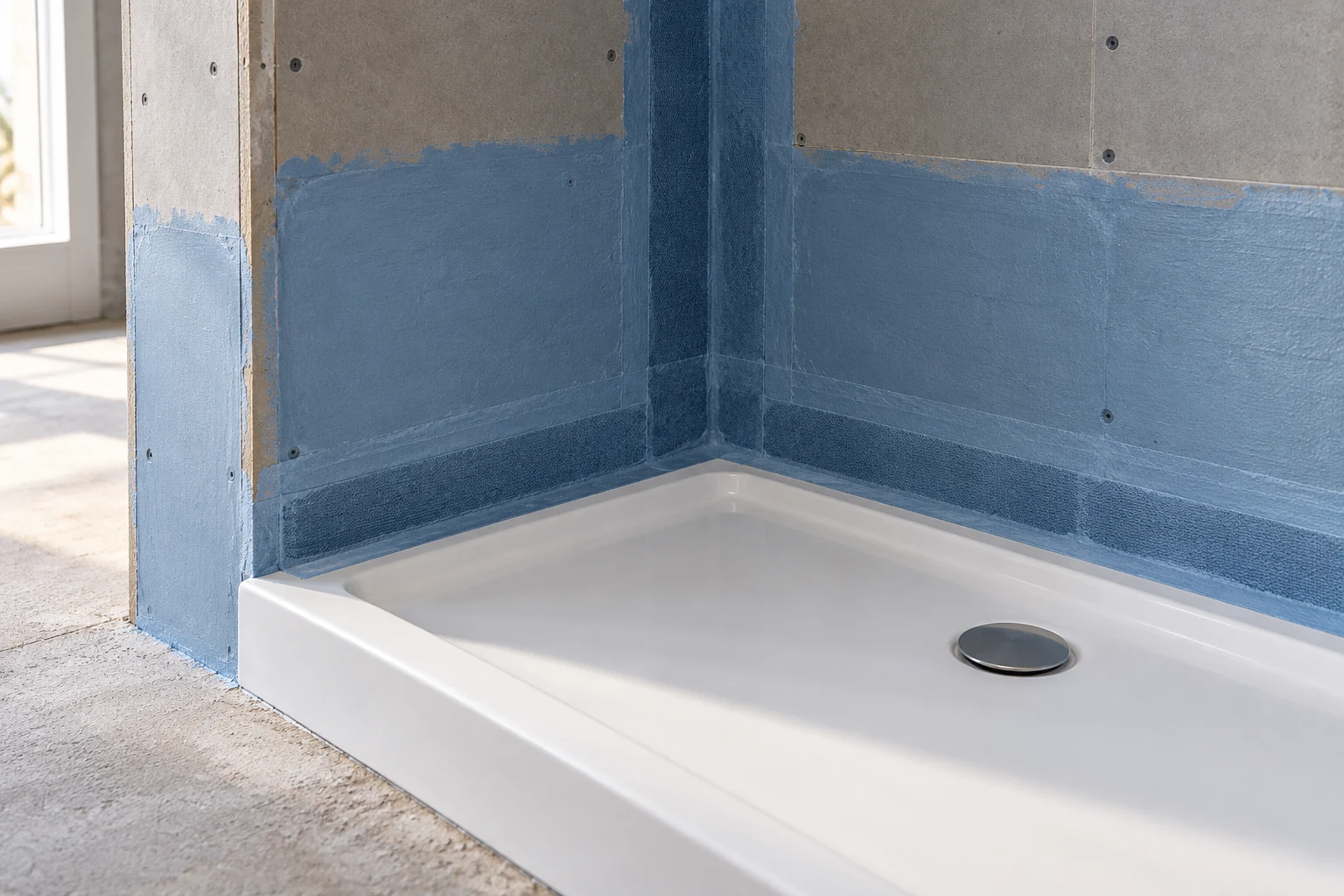 Illustrative waterproof coating and sealed shower tray junction before tiling