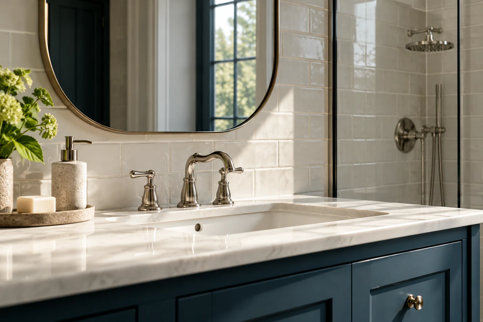 Illustrative finished tile and fitting details in off-white porcelain and deep blue cabinetry