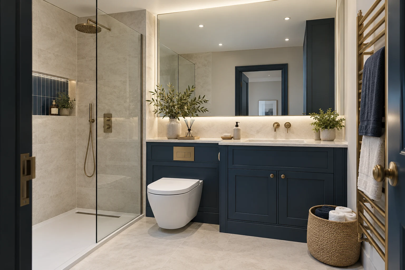 Illustrative bathroom interior with off-white porcelain and deep blue cabinetry