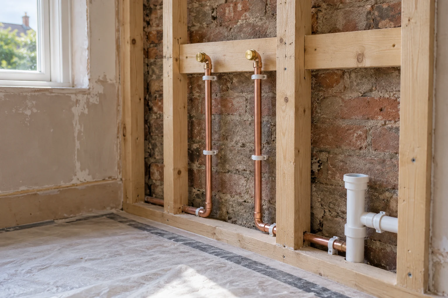 Illustrative copper supply pipes and a waste connection within an opened bathroom wall