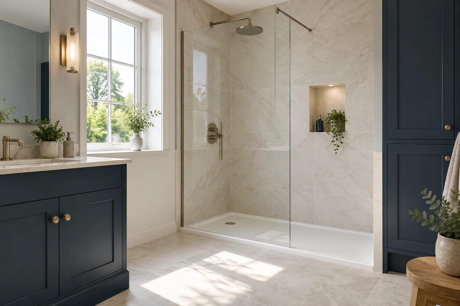 Illustrative glass-screened shower room with off-white porcelain and deep blue cabinetry