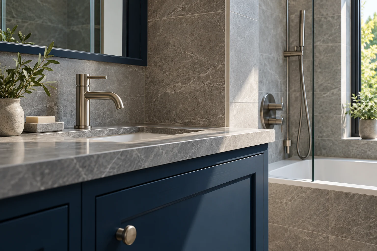 Illustrative finished tile and fitting details in stone grey tiles and deep navy