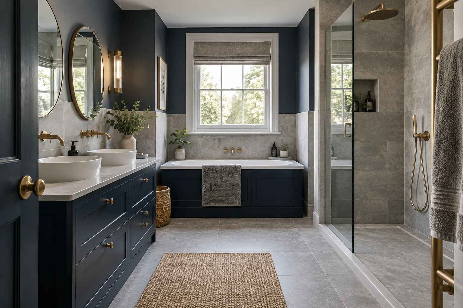 Illustrative bathroom interior with stone grey tiles and deep navy