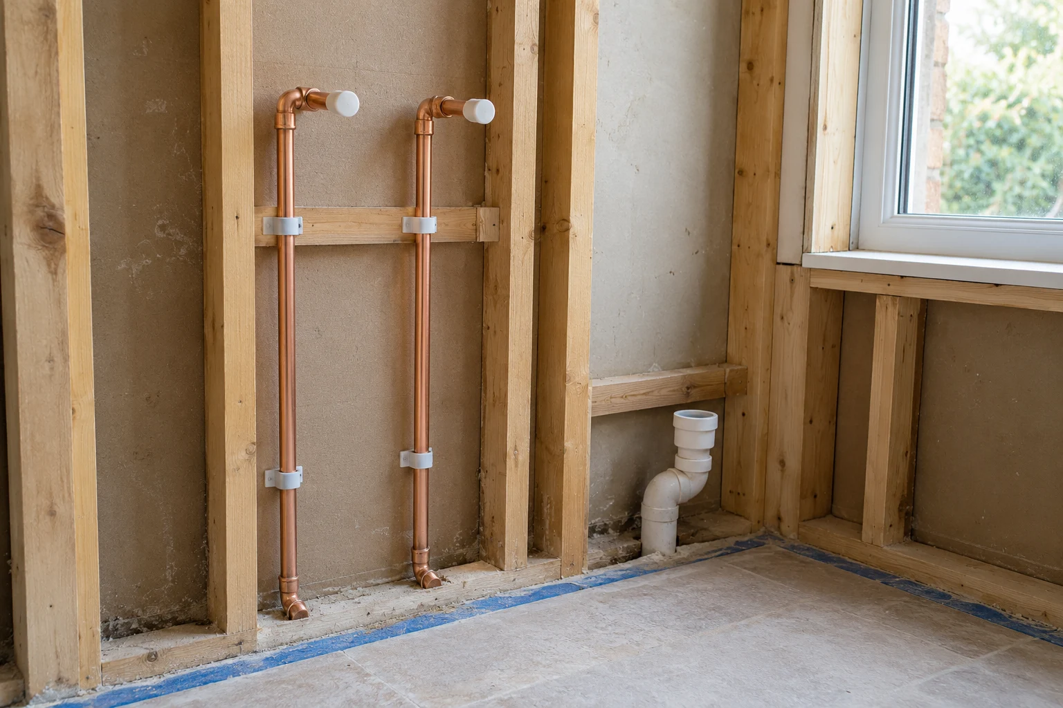 Illustrative copper supply pipes and a waste connection within an opened bathroom wall
