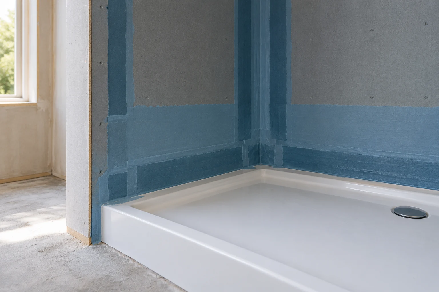 Illustrative waterproof coating and sealed shower tray junction before tiling