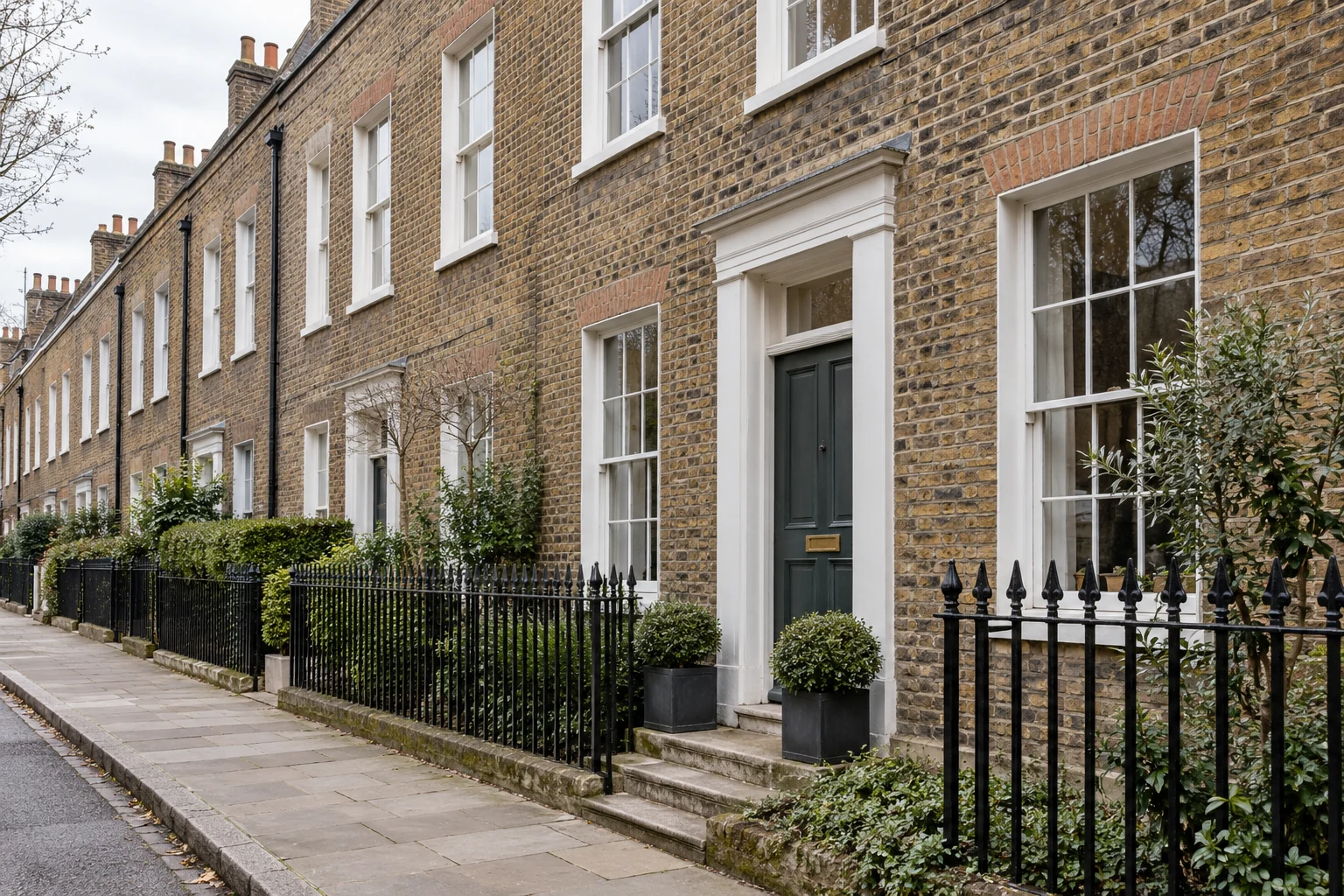 Illustrative Georgian-style brick townhouse frontage and painted timber windows