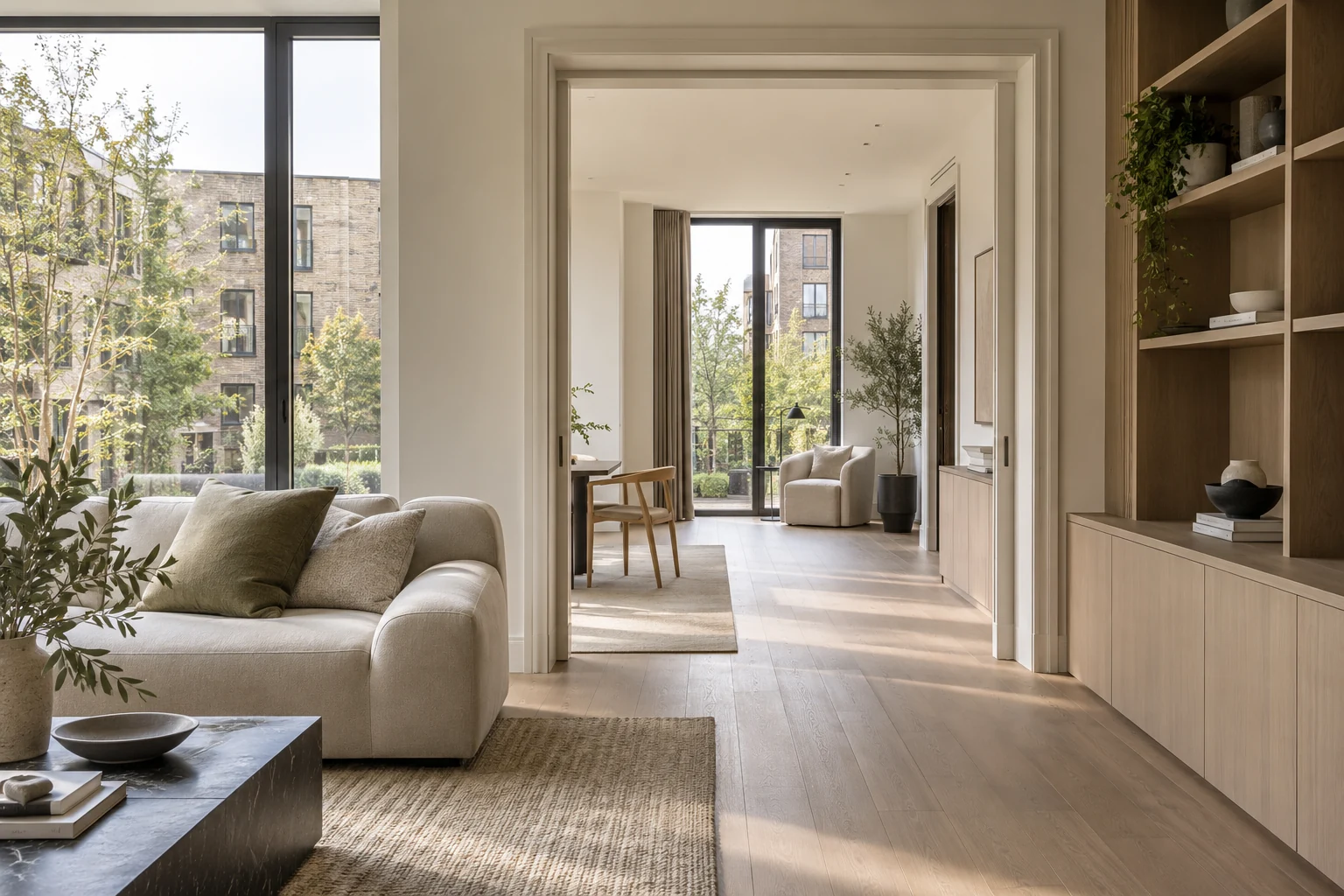 Illustrative apartment layout with coordinated joinery, doorways and natural light
