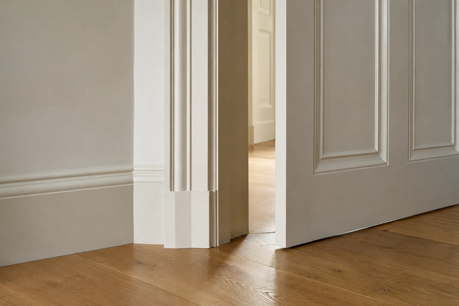 Illustrative painted timber doorcase meeting plaster, skirting and oak flooring